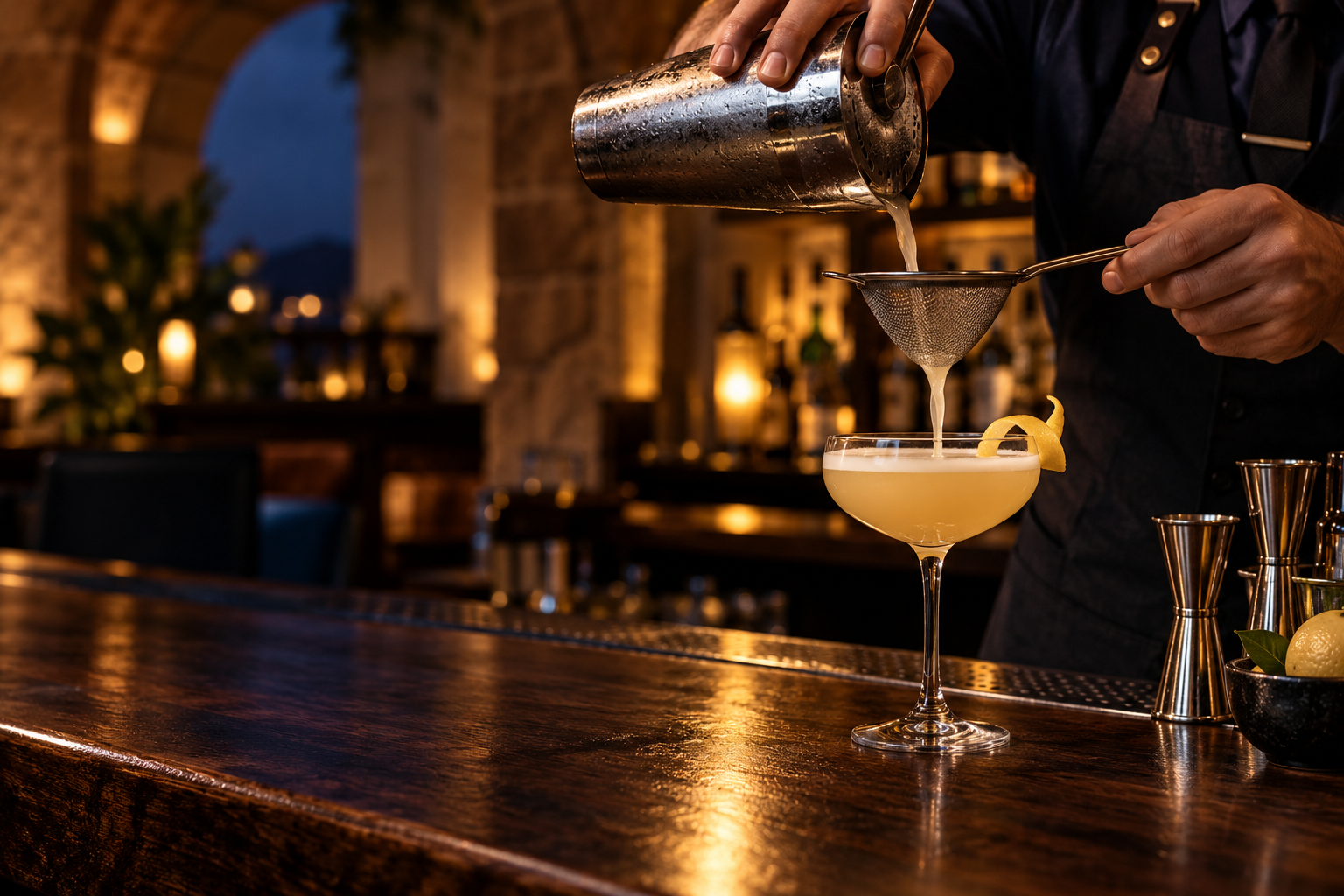 A bartender carefully straining a cocktail into a coupe at a softly lit bar
